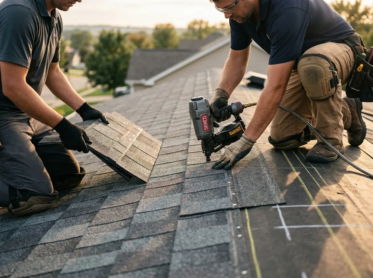 Professional roofer working on a residential roof in Willow Springs